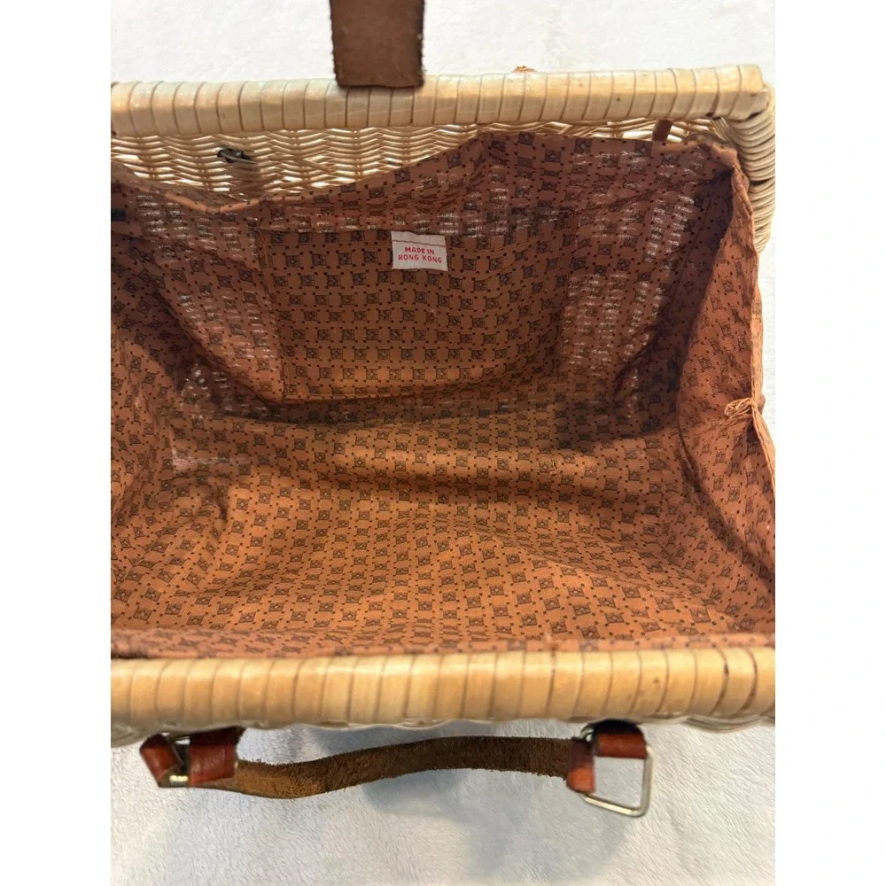 Vintage 1950s British Wicker Basket Handbag Brown Leather Trim Mid-Century Woven